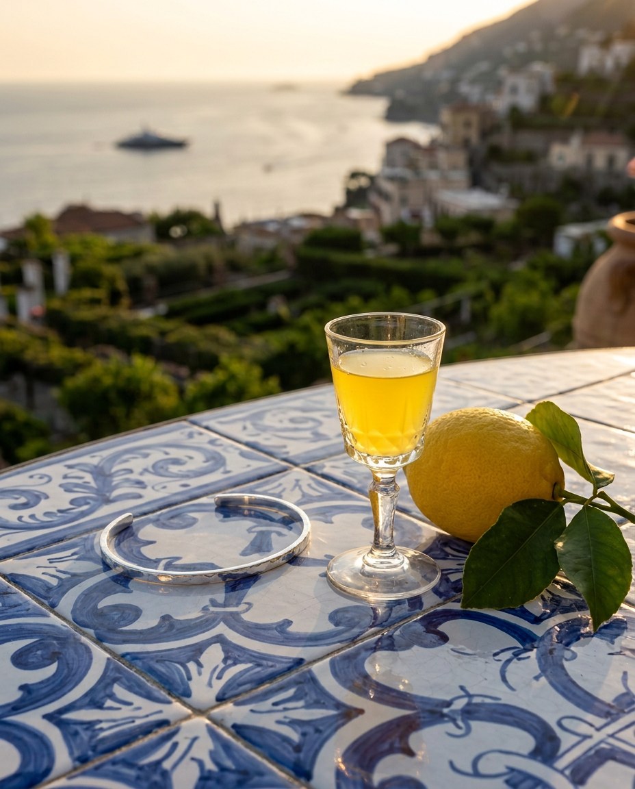 The Amalfi Bracelet on a majolica table with limoncello at sunset