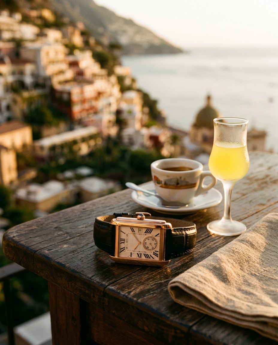 The Amalfi sobre una mesa con espresso y limoncello al atardecer