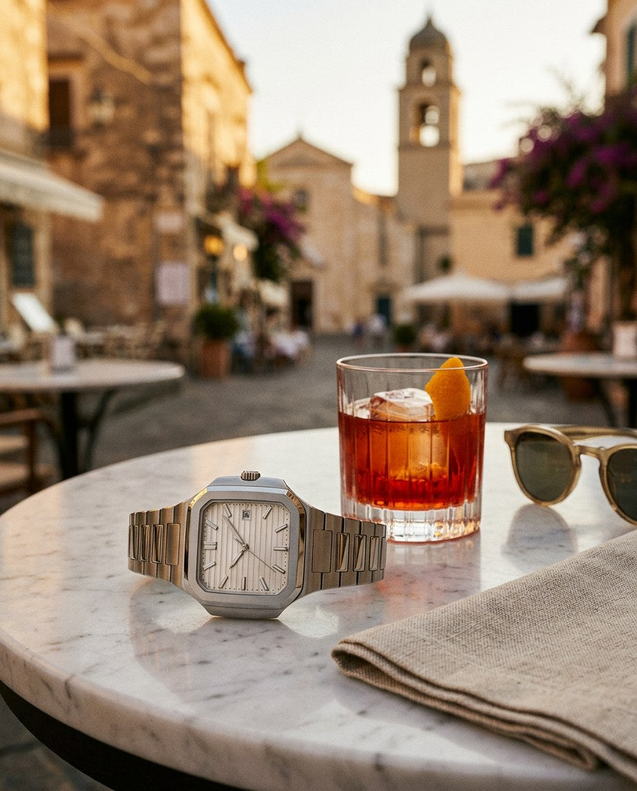 The Capri auf einem Marmortisch auf der Piazzetta mit einem Negroni