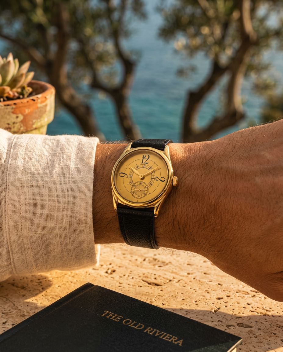 Goldene Heritage Watch am Handgelenk, Leinenhemd, Terrasse am Meer