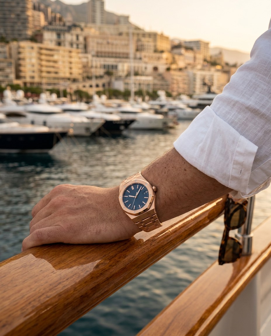 Wrist wearing The Monaco on a yacht rail in Monte Carlo harbour