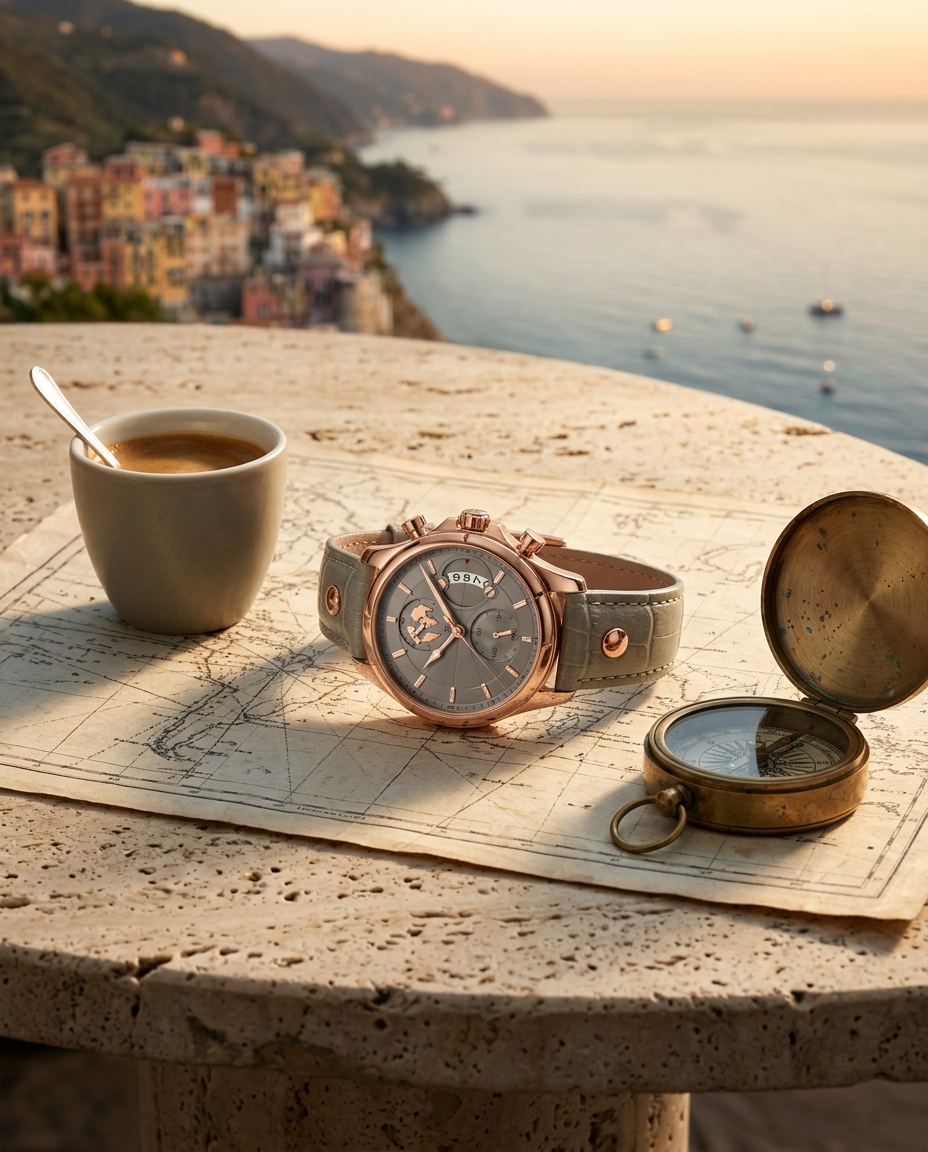 The Portofino Explorer sur une carte marine avec boussole et espresso au coucher du soleil