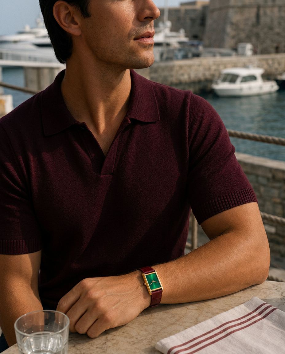 Uomo con polo bordeaux e The Riviera Watch quadrante verde al porto