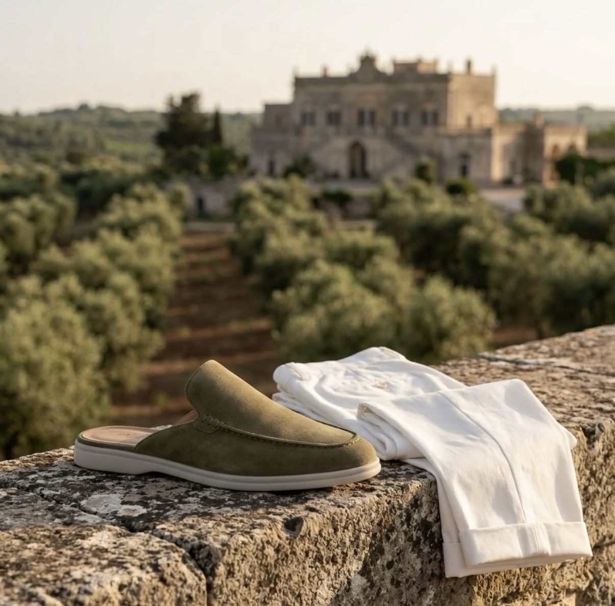 Mule scamosciate verdi e pantaloni bianchi su un muretto in pietra con masseria e uliveto sullo sfondo