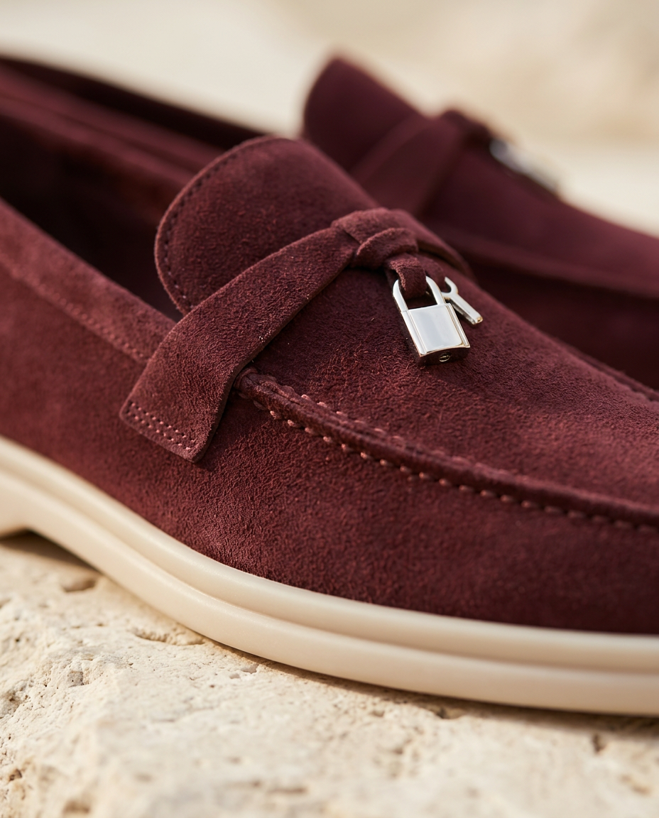 Détail de la boucle en métal et de la couture main du mocassin Sanremo