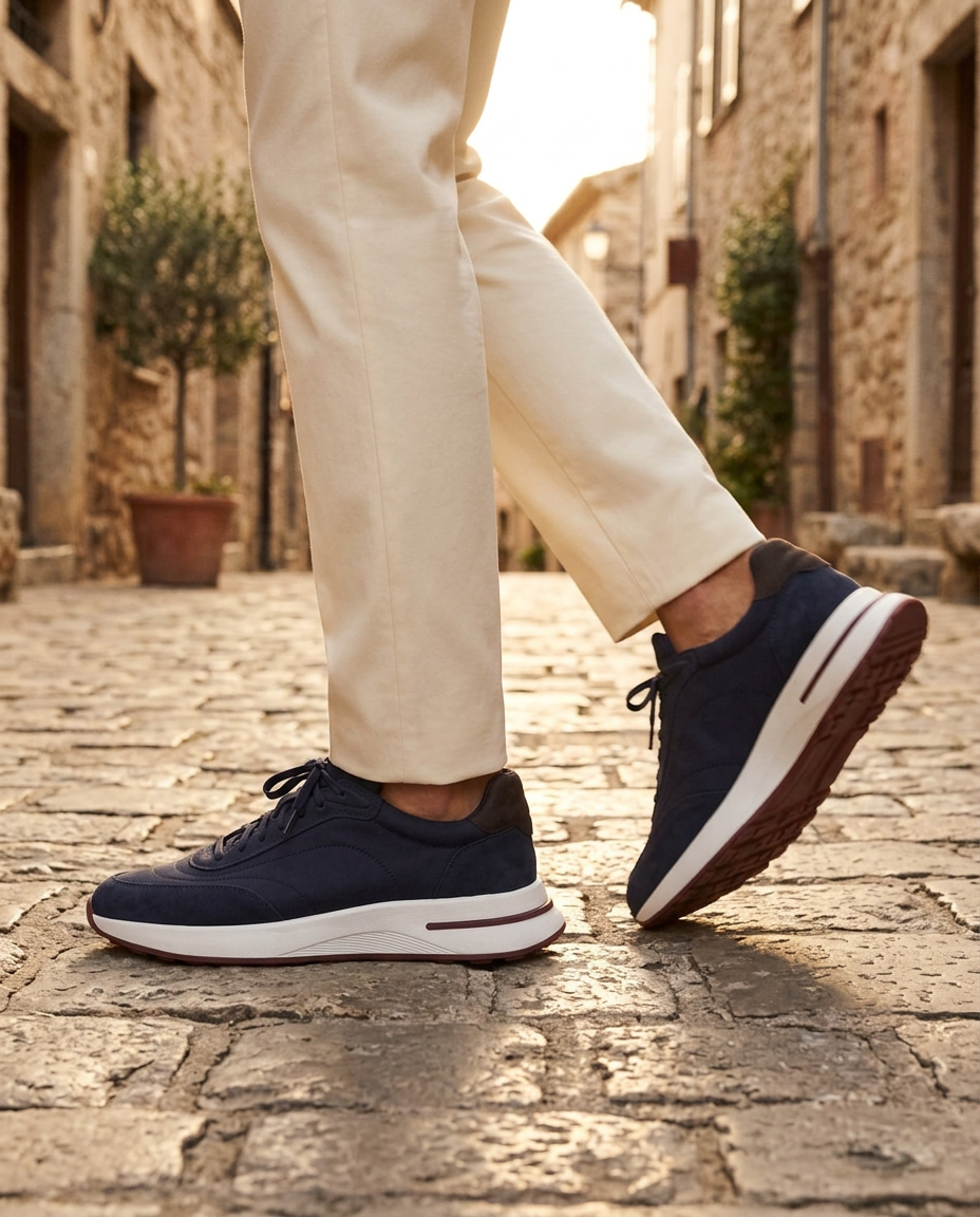 The Rome Sneakers on a Riviera cobblestone street