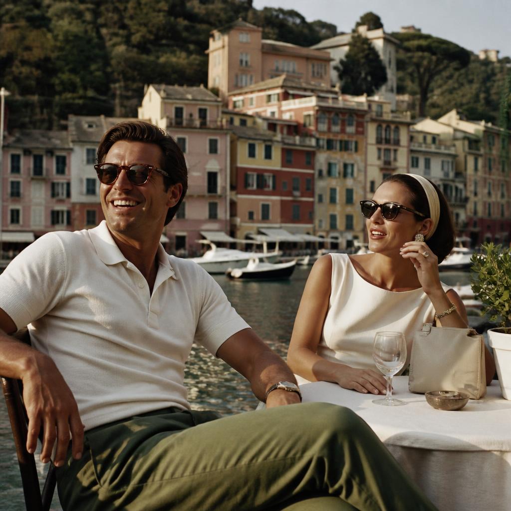 Elegant couple in the Portofino piazzetta wearing sunglasses