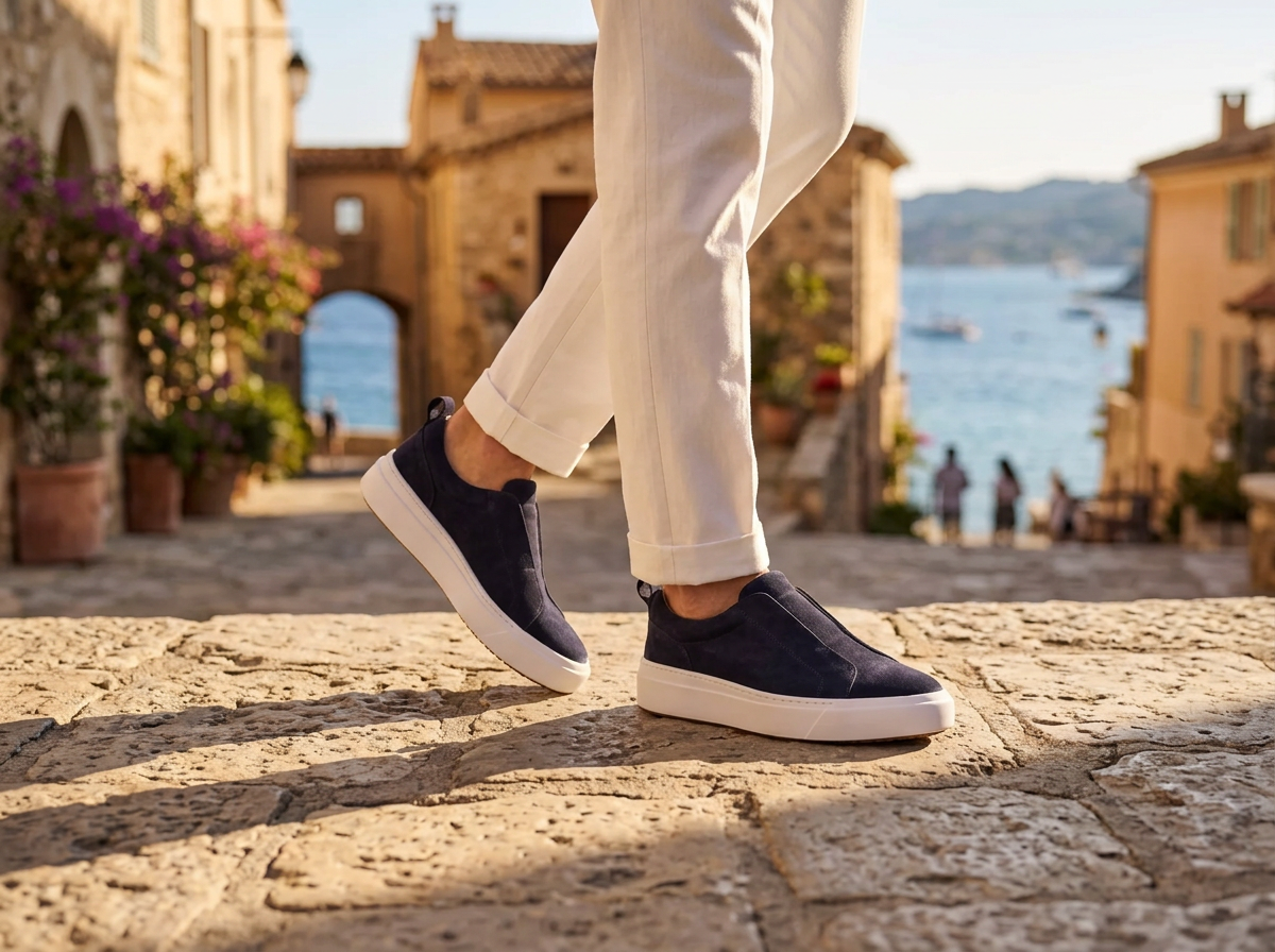 The Monaco Suede Slip On dans une ruelle en pierre de la Riviera