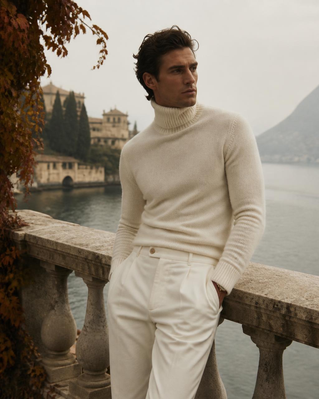 Uomo con dolcevita crema su una terrazza sul lago