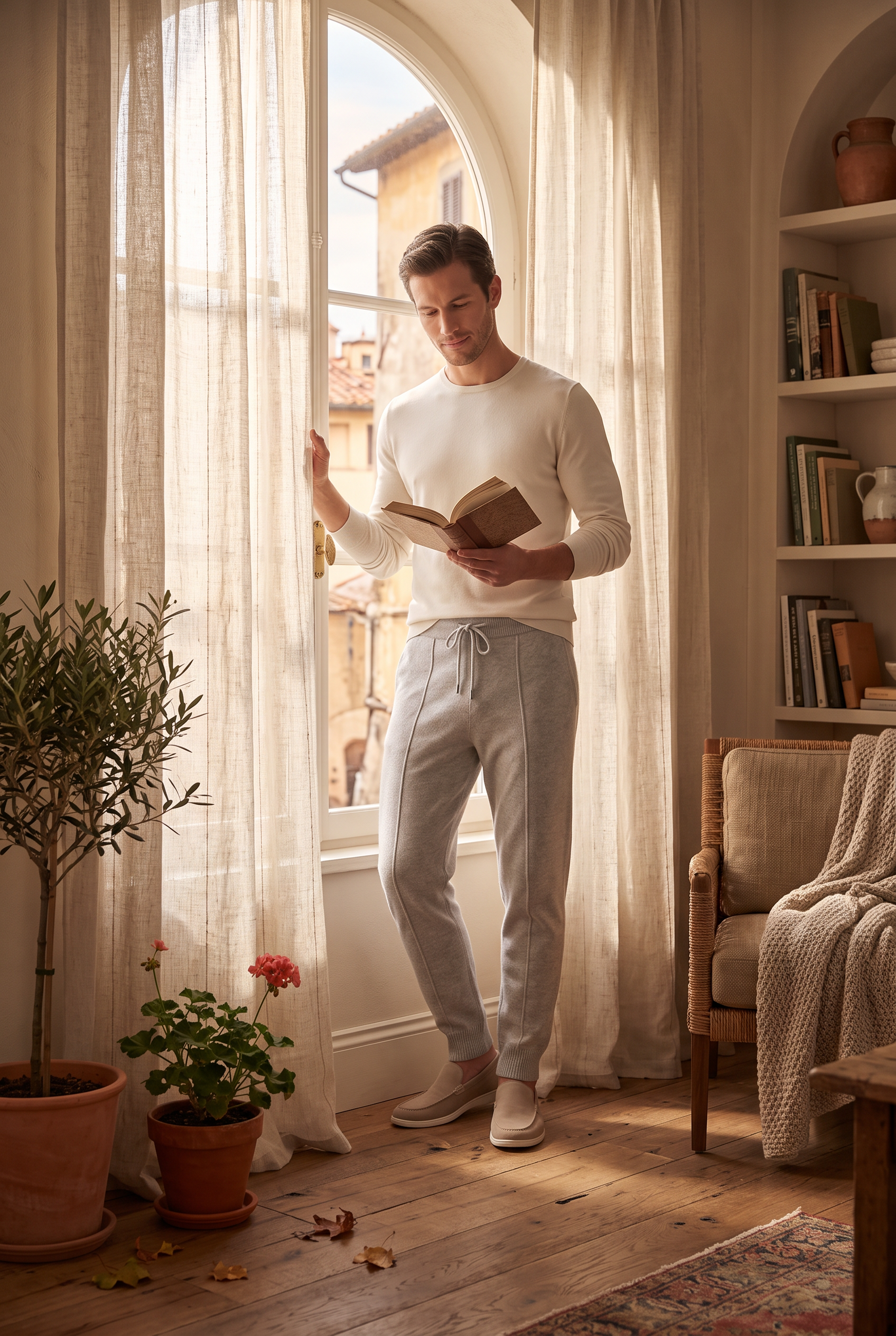 Uomo a casa alla finestra con pantaloni in cashmere grigio, luce autunnale