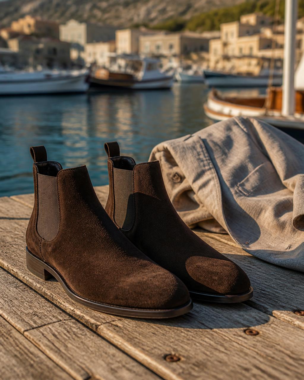 Botas chelsea de ante marrón sobre un pantalán de madera en un puerto mediterráneo