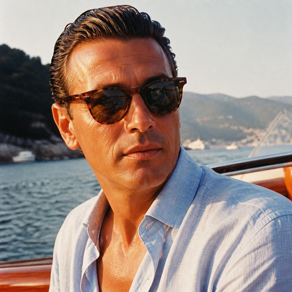 The Monopoli sunglasses worn on a boat in Portofino