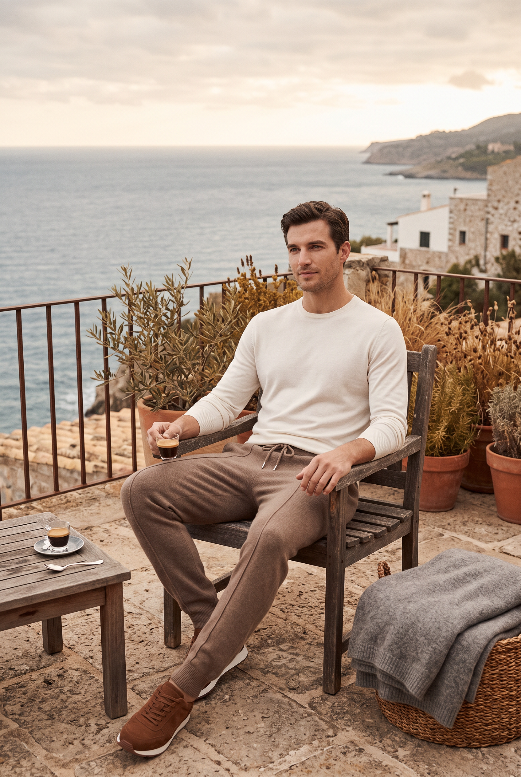 Uomo seduto in terrazza sul mare in autunno con pantaloni in cashmere taupe