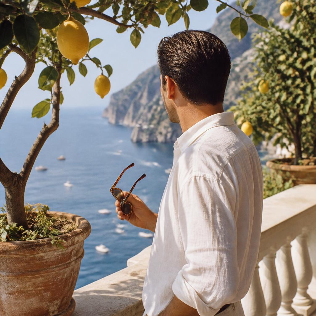 Man wearing The Monopoli sunglasses on a terrace overlooking the sea