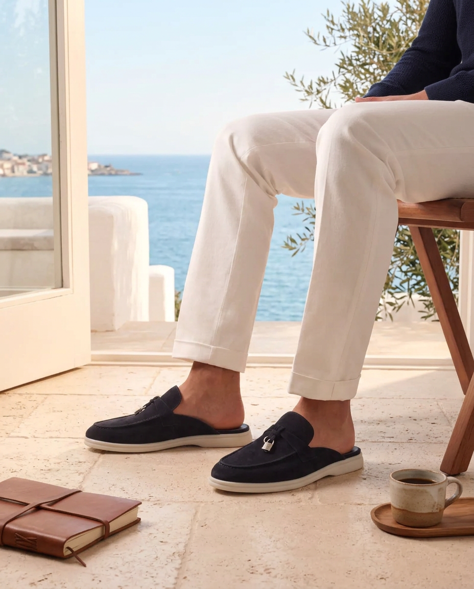 The Amalfi Mule worn with white trousers on a Mediterranean terrace