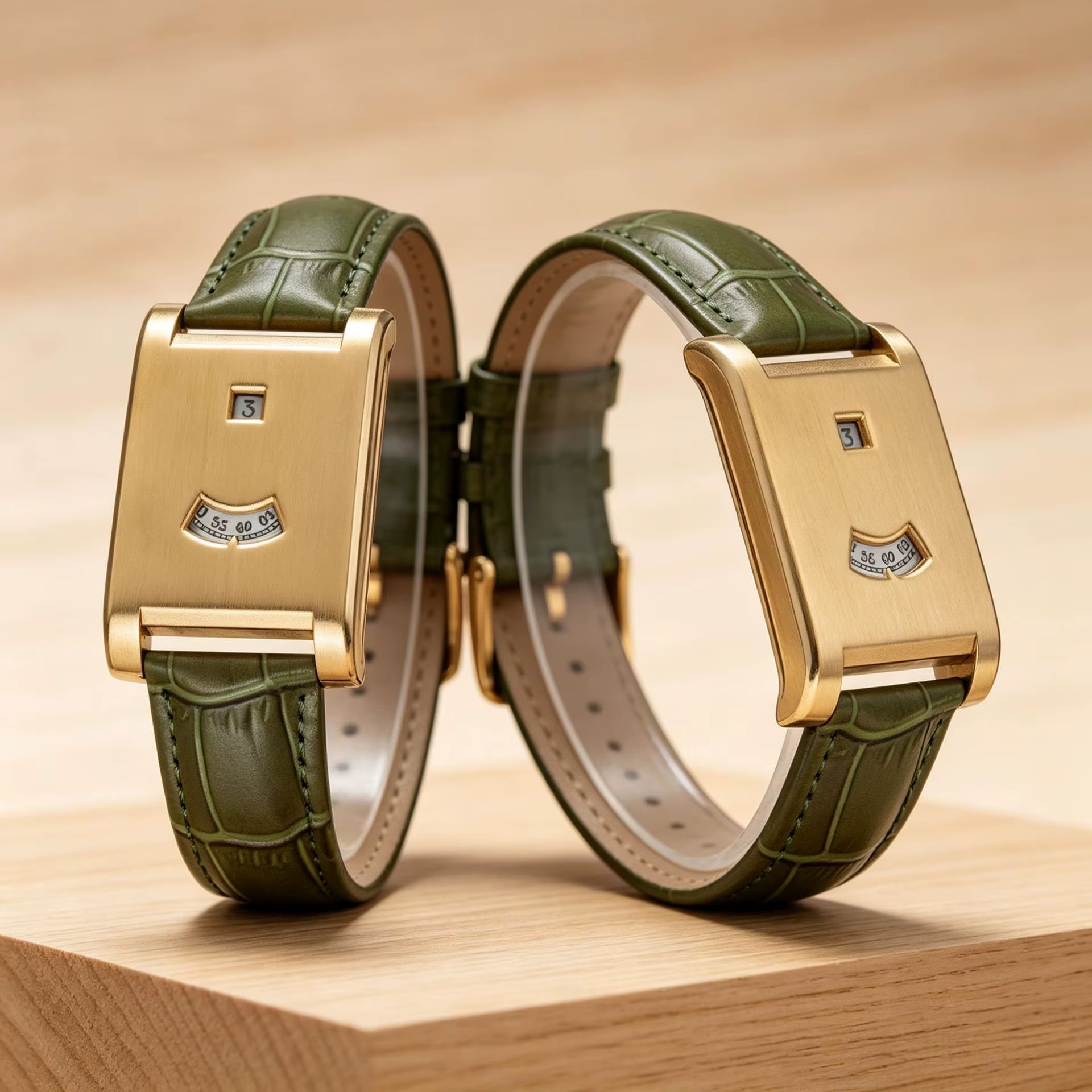 Dos relojes Dolcevita con correa verde oliva sobre un bloque de madera
