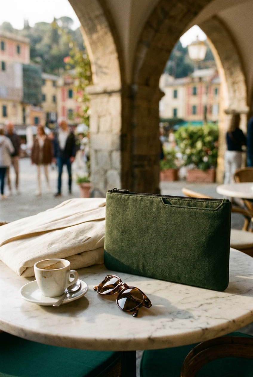 The Forte pouch on a marble table in Portofino