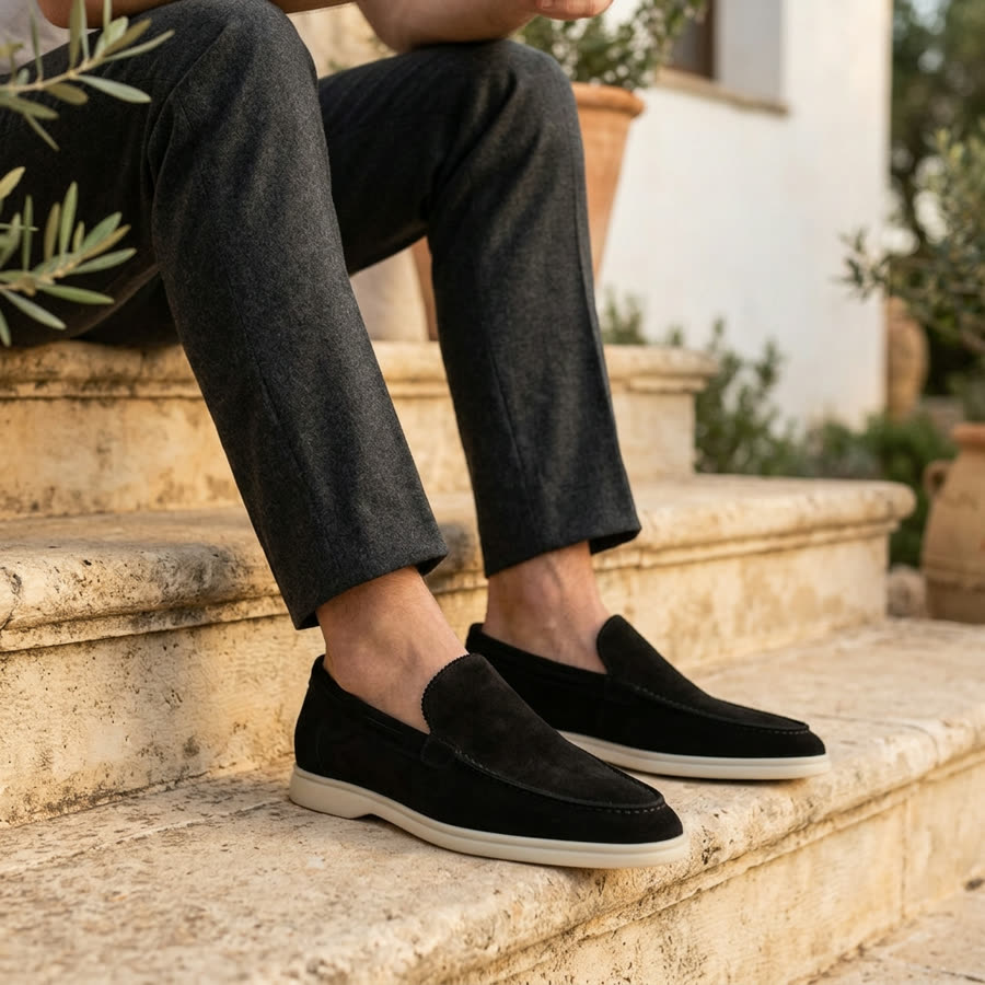 The Sorrento Loafer on Mediterranean stone paving