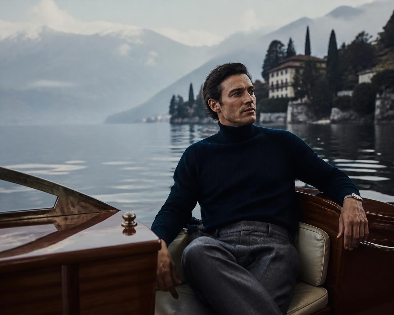 Uomo in dolcevita blu su una barca in legno al lago