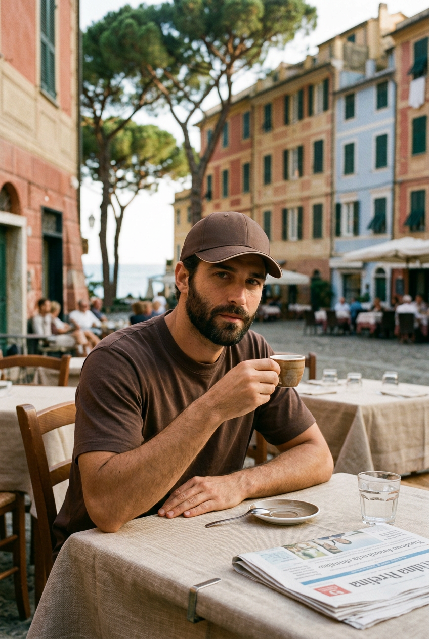 The Antibes hat worn at a café in Portofino