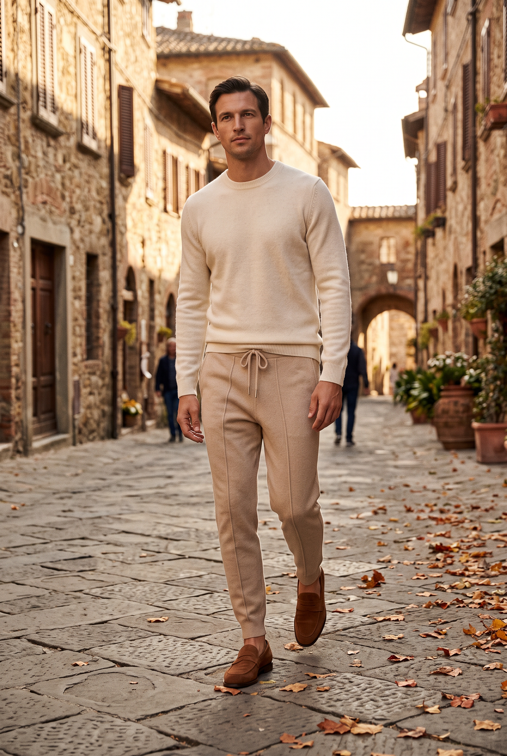 Uomo che cammina in un borgo italiano in autunno con pantaloni in cashmere beige