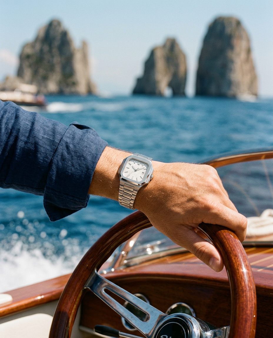 Polso con The Capri al timone di un motoscafo davanti ai Faraglioni