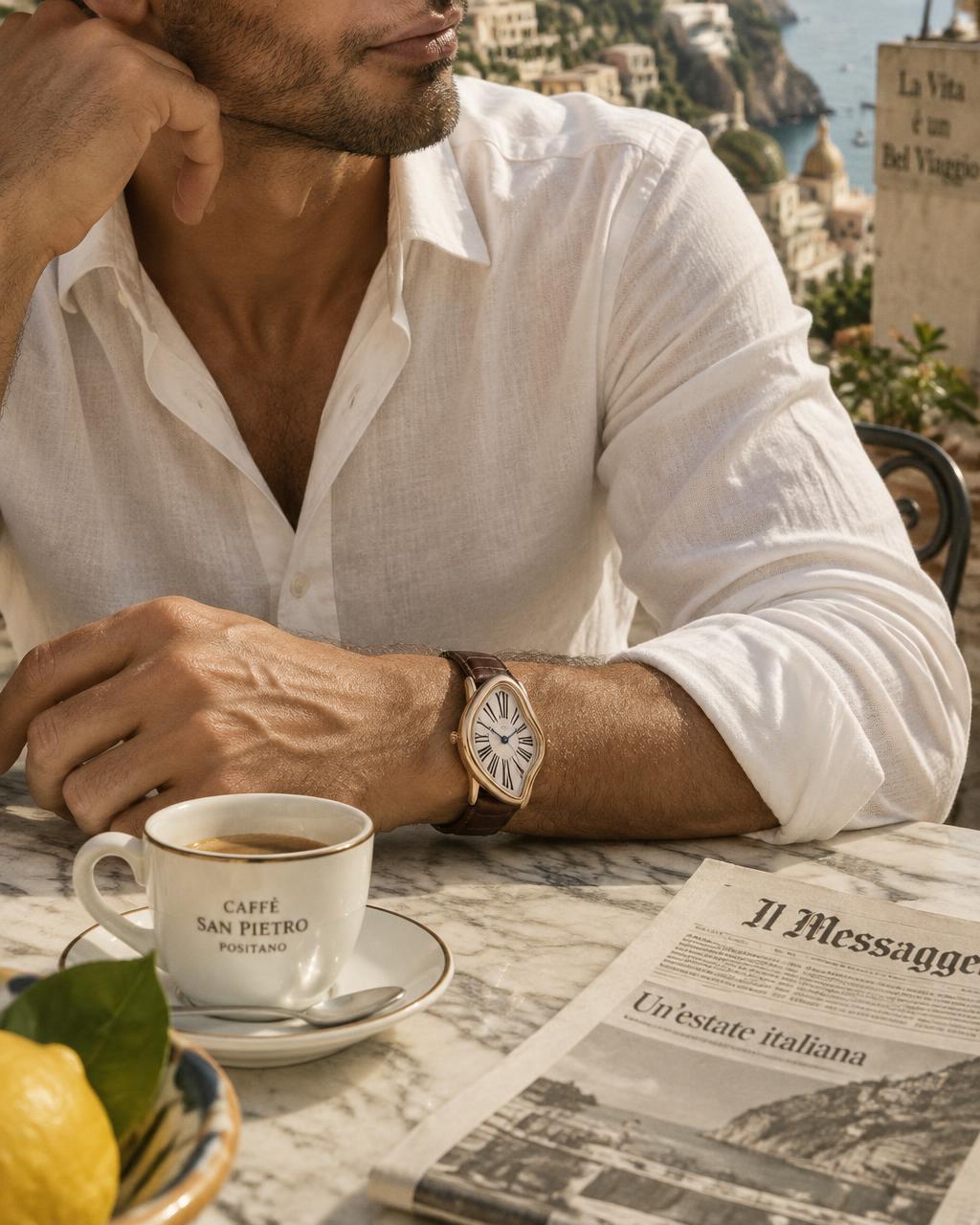 Uomo in camicia di lino bianca con The Mirage Watch e caffè al tavolo di marmo