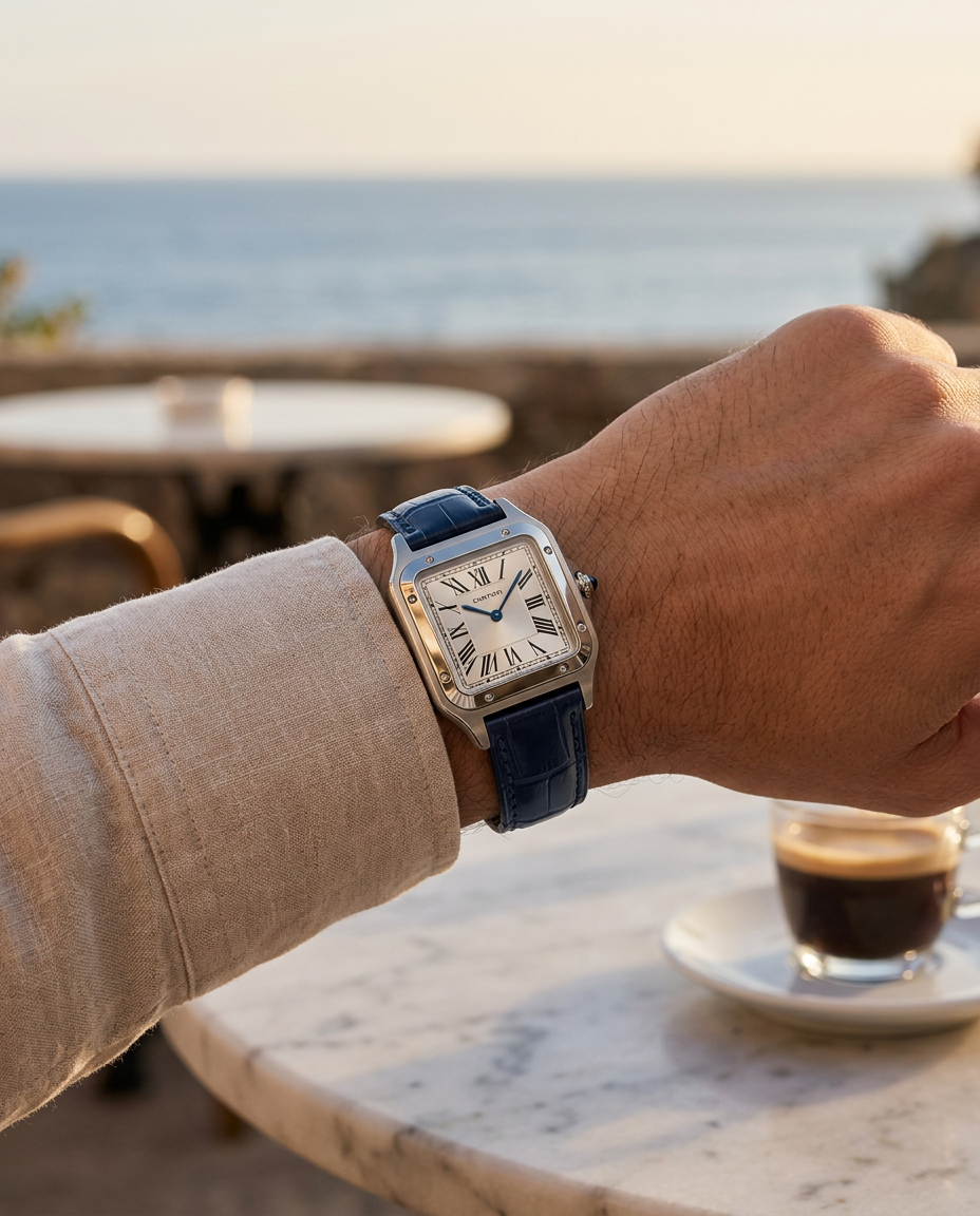 Orologio The Prestige con cinturino blu stampa cocco indossato su una terrazza sul mare