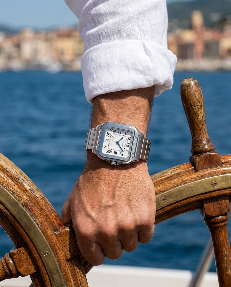 Orologio The Prestige con bracciale in acciaio indossato al timone di una barca