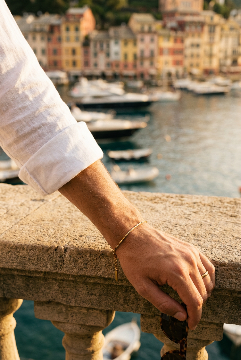 Polso con The Royal Wire Bracelet su una balaustra sopra il porto di Portofino