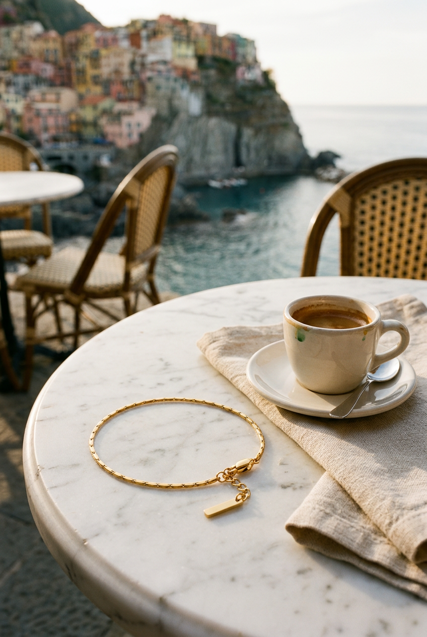 The Royal Wire Bracelet su un tavolo di marmo di un caffè sul mare alle Cinque Terre