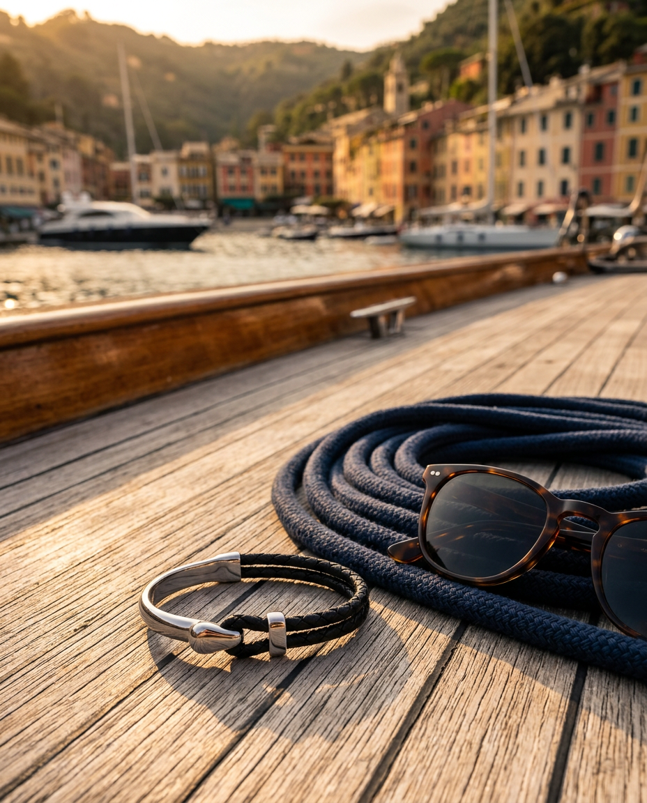 The Nautilus Bracelet sul ponte in teak con una cima blu, porto di Portofino
