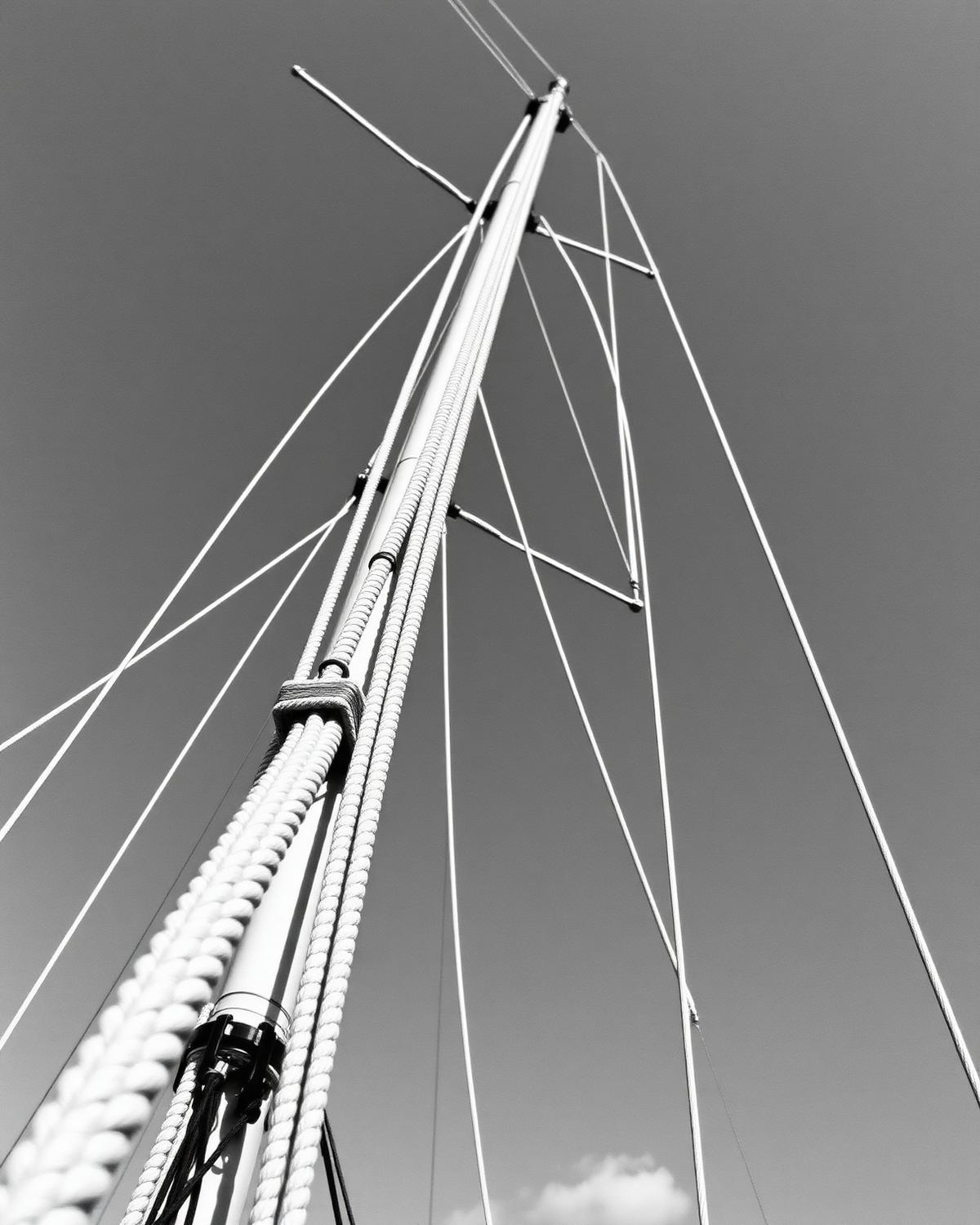 Black and white photo of a sailing boat's mast