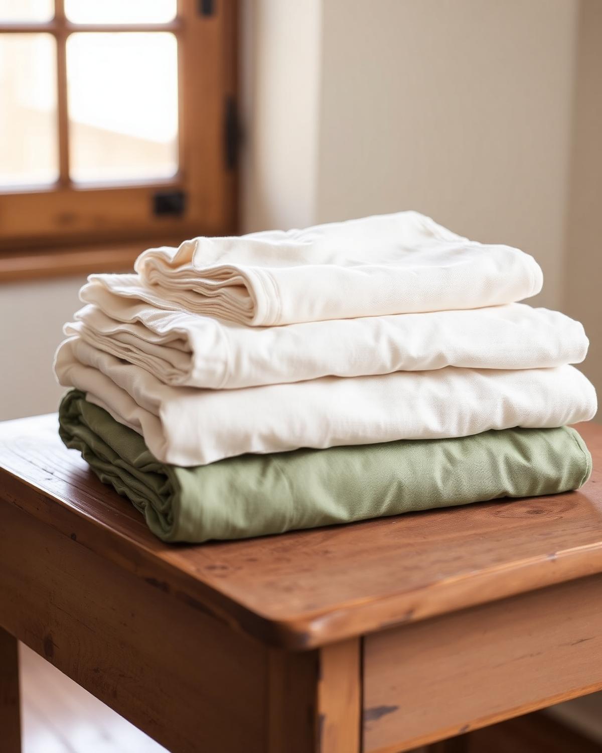 Linen garments folded on an antique wooden table