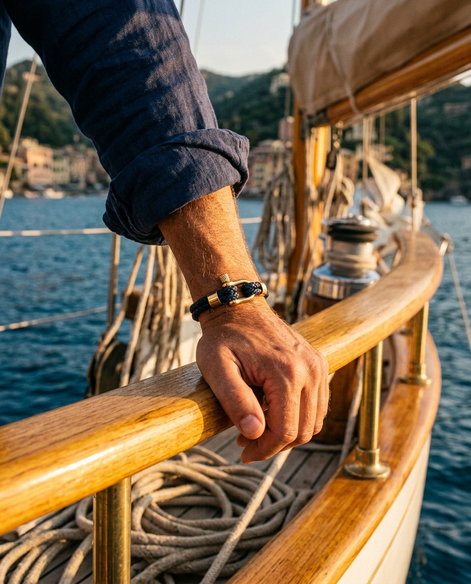 Polso con The Anchor Bracelet sul corrimano di una barca a vela