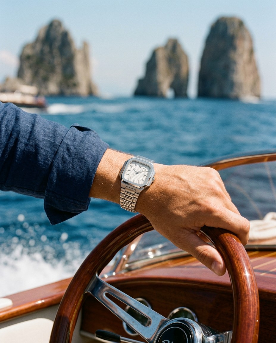 Handgelenk mit The Capri am Steuer eines Motorboots vor den Faraglioni