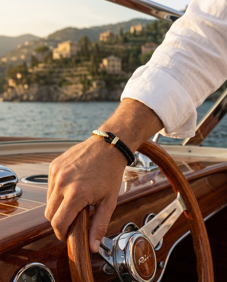 The Nautilus Bracelet on a wrist at the helm of a wooden motorboat