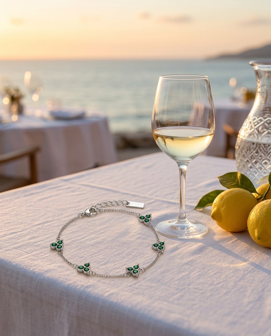 The Fortuna Bracelet auf einer Leinentischdecke neben einem Glas Weißwein und Zitronen bei Sonnenuntergang