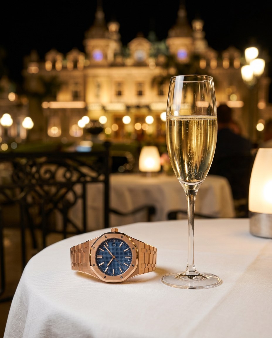 The Monaco on a dinner table by the Monte Carlo Casino with a glass of champagne