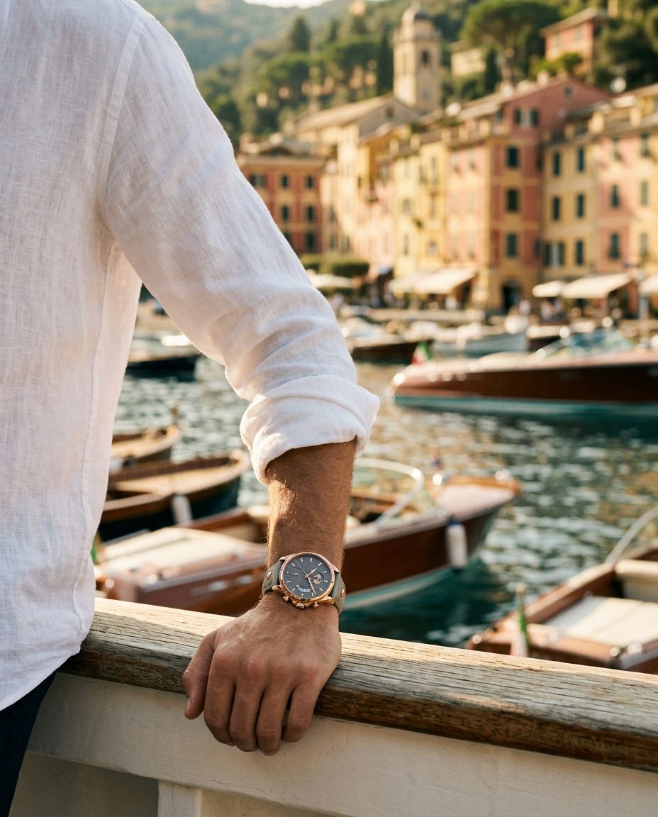 Homme en chemise de lin portant The Portofino Explorer dans le port de Portofino