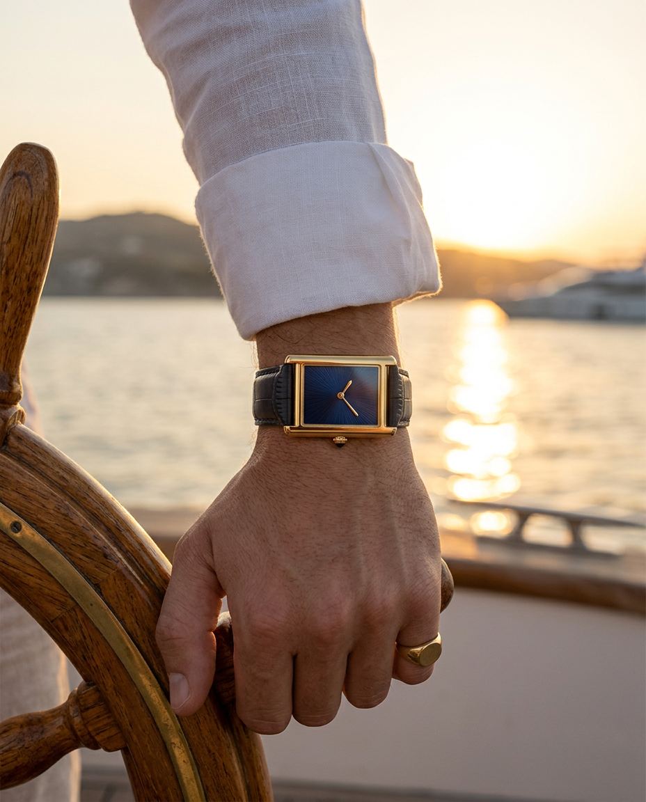The Riviera Watch quadrante blu al polso, timone di una barca al tramonto